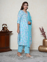 Aqua Blue floral printed cotton suit set